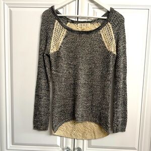 Pink Rose Size Small Scoop Neck Grey Front/Sleeves Cream Crochet Back Sweater